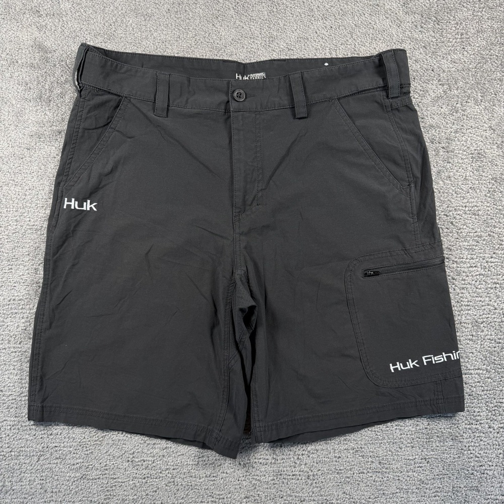 Huk Fishing Performance Shorts Mens XL Black Cargo Pockets Stretch Cotton Blend